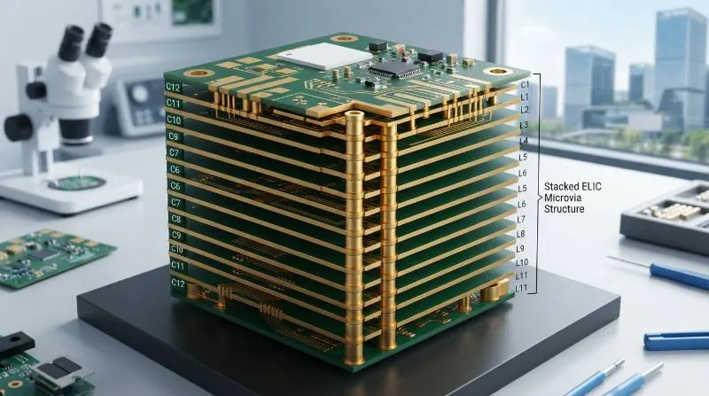 Any layer ELIC PCB diagram showing stacked microvias throughout all dielectric layers