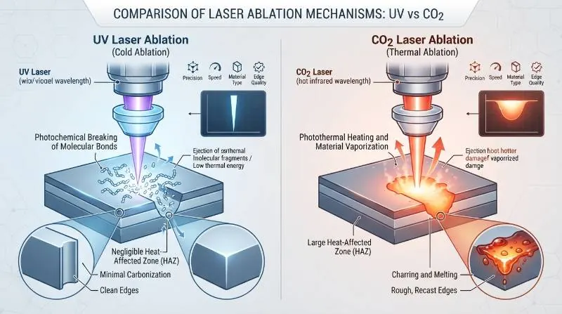 UV vs CO2 laser ablation mechanism comparison diagram