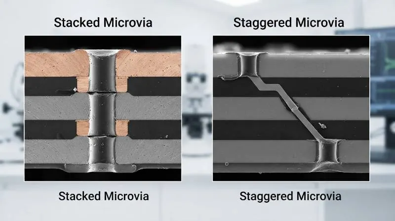 Stacked vs staggered microvia cross section SEM comparison