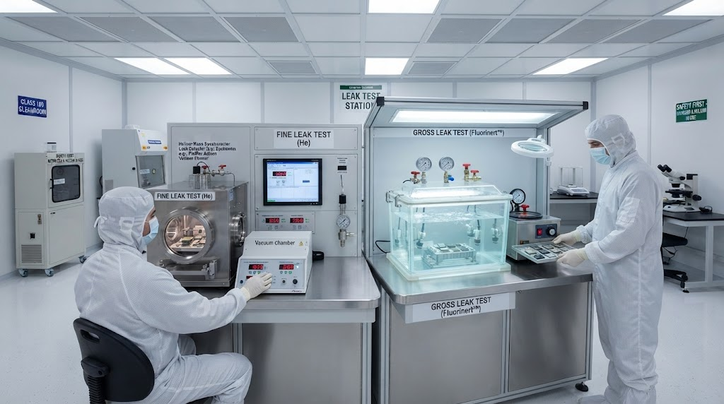 Fine and gross leak testing station in cleanroom
