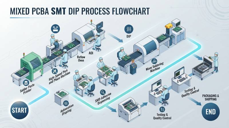 Mixed PCBA SMT DIP Process Flowchart