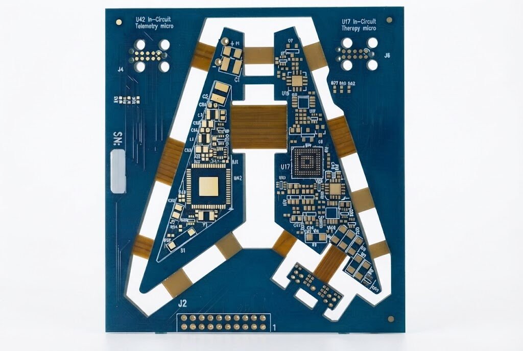 Rigid-flex PCB combining rigid board sections with flexible interconnect layers
